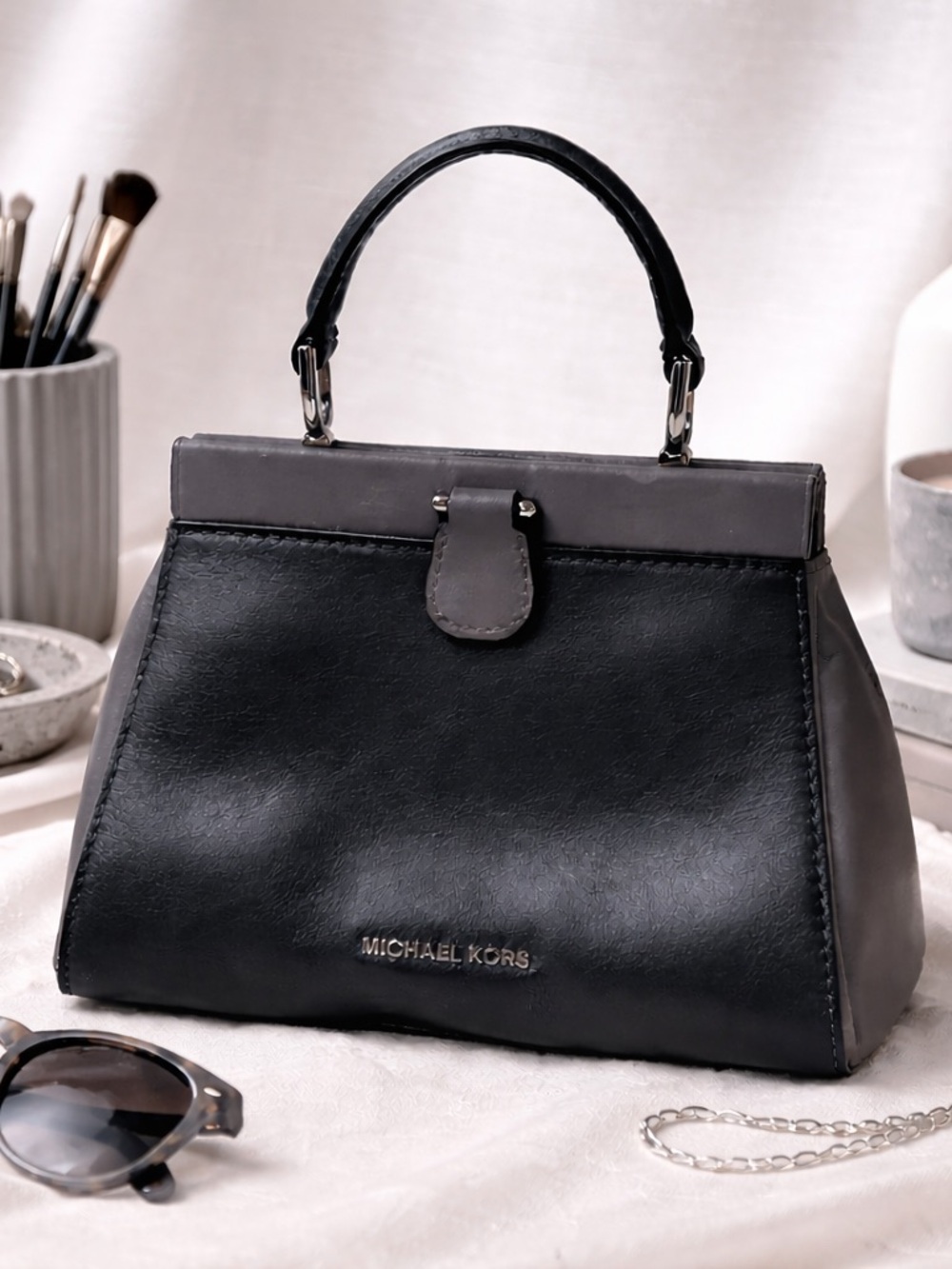Michael Kors Two Tone Leather Mini Satchel Gray Black